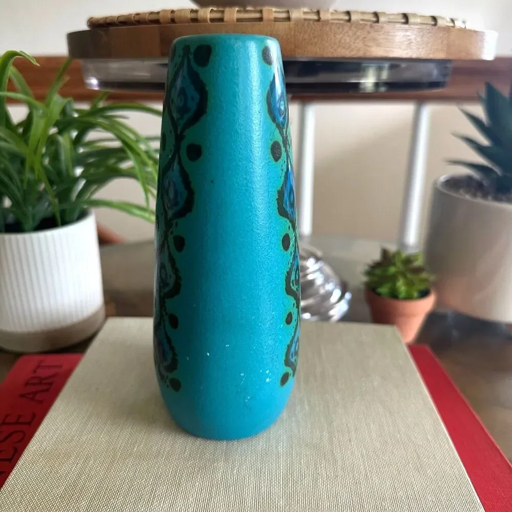 Vintage MCM Sasha Brastoff Turquoise Blue Art Pottery Bud Vase Peacock Design